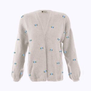 Fanm Mon Womens M/L Medium Large Open Face Blue Rose Ivory Knit Cardigan